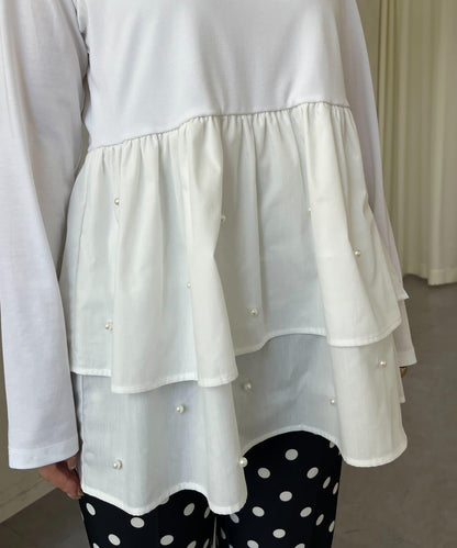 方領珍珠荷葉邊疊穿長袖T恤