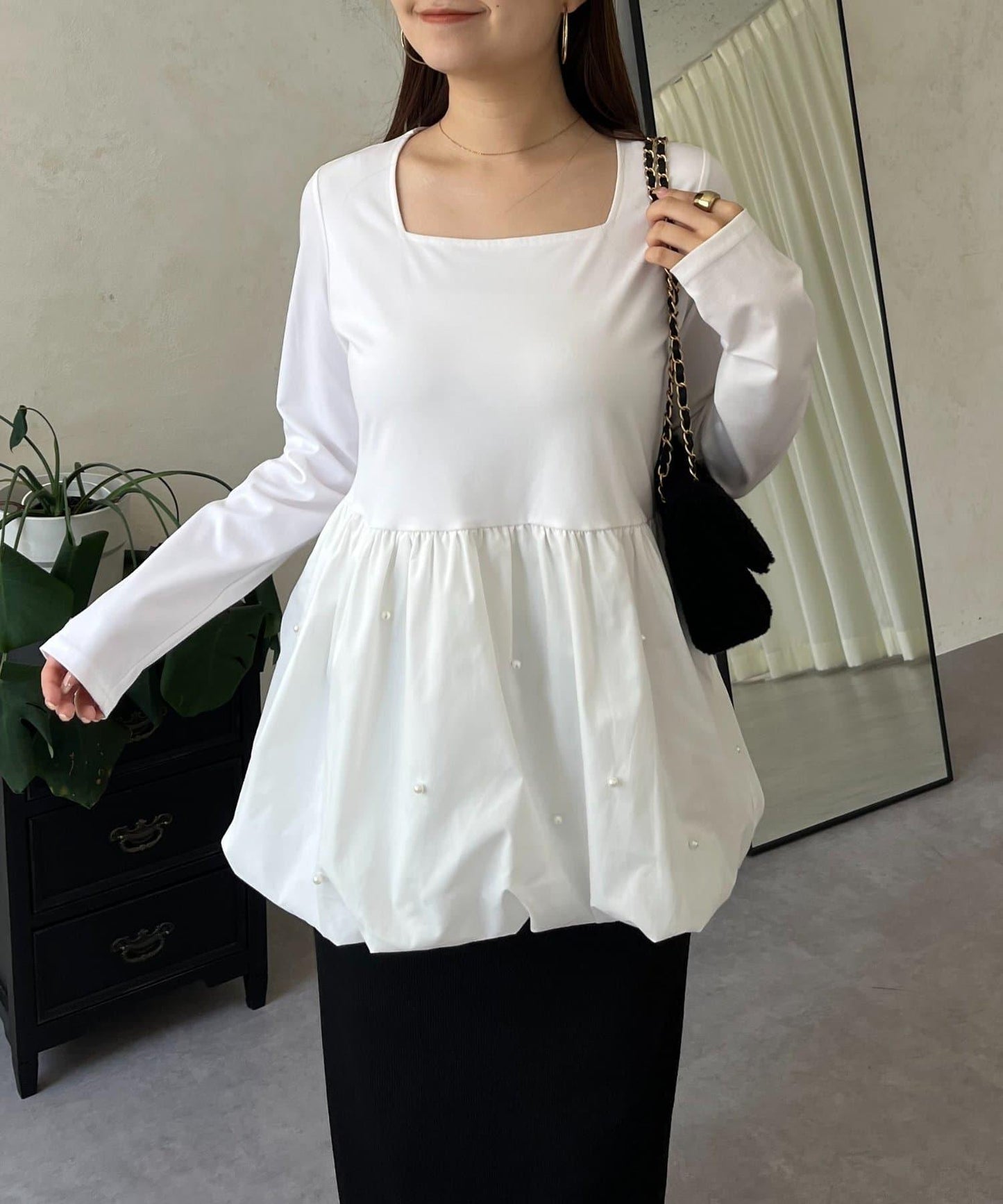 方領珍珠荷葉邊疊穿長袖T恤