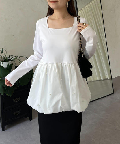 方領珍珠荷葉邊疊穿長袖T恤