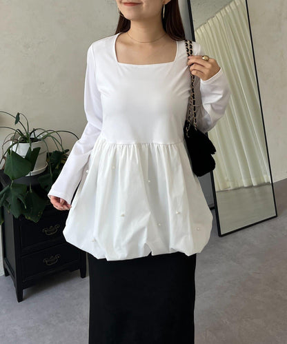 方領珍珠荷葉邊疊穿長袖T恤