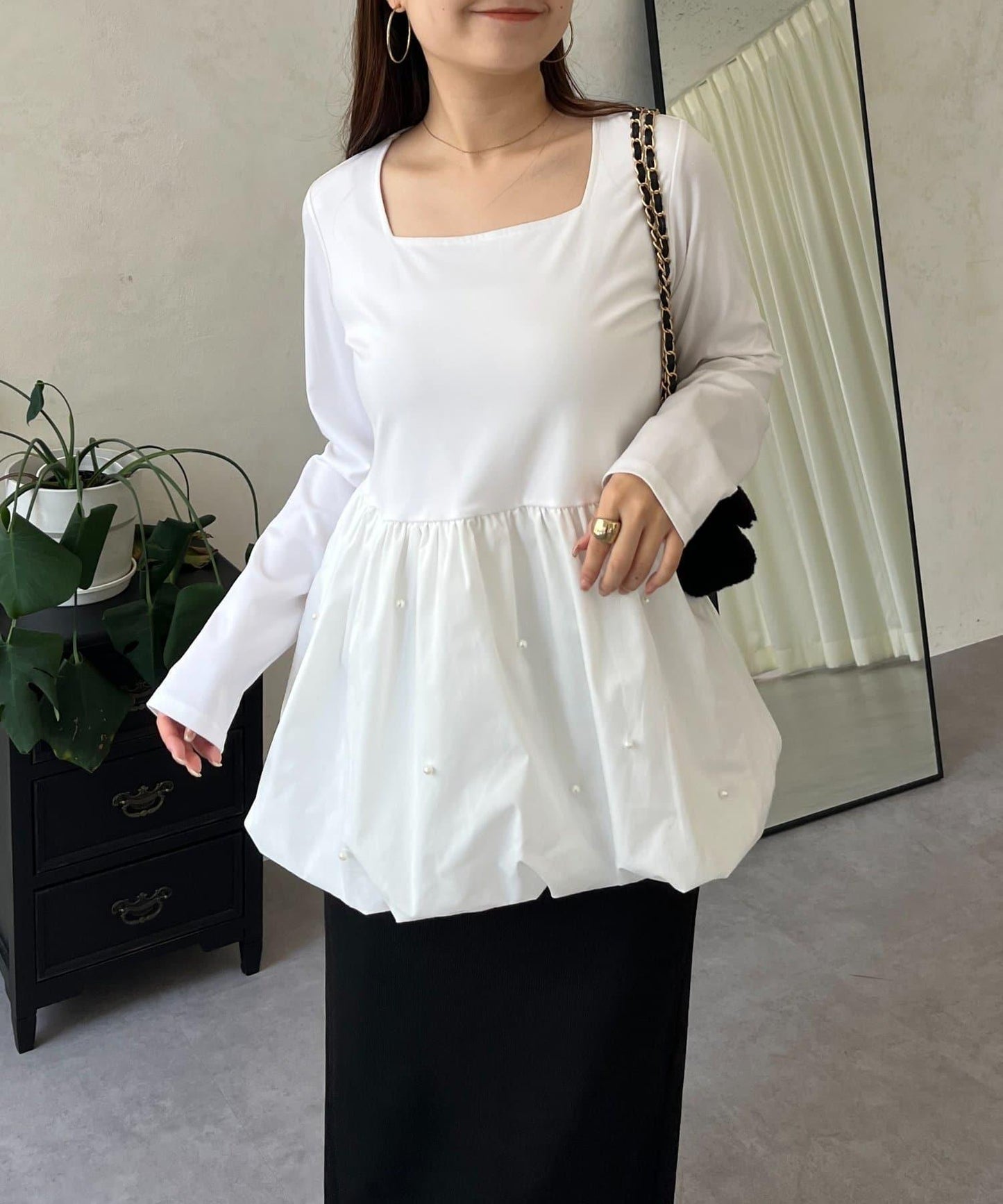 方領珍珠荷葉邊疊穿長袖T恤