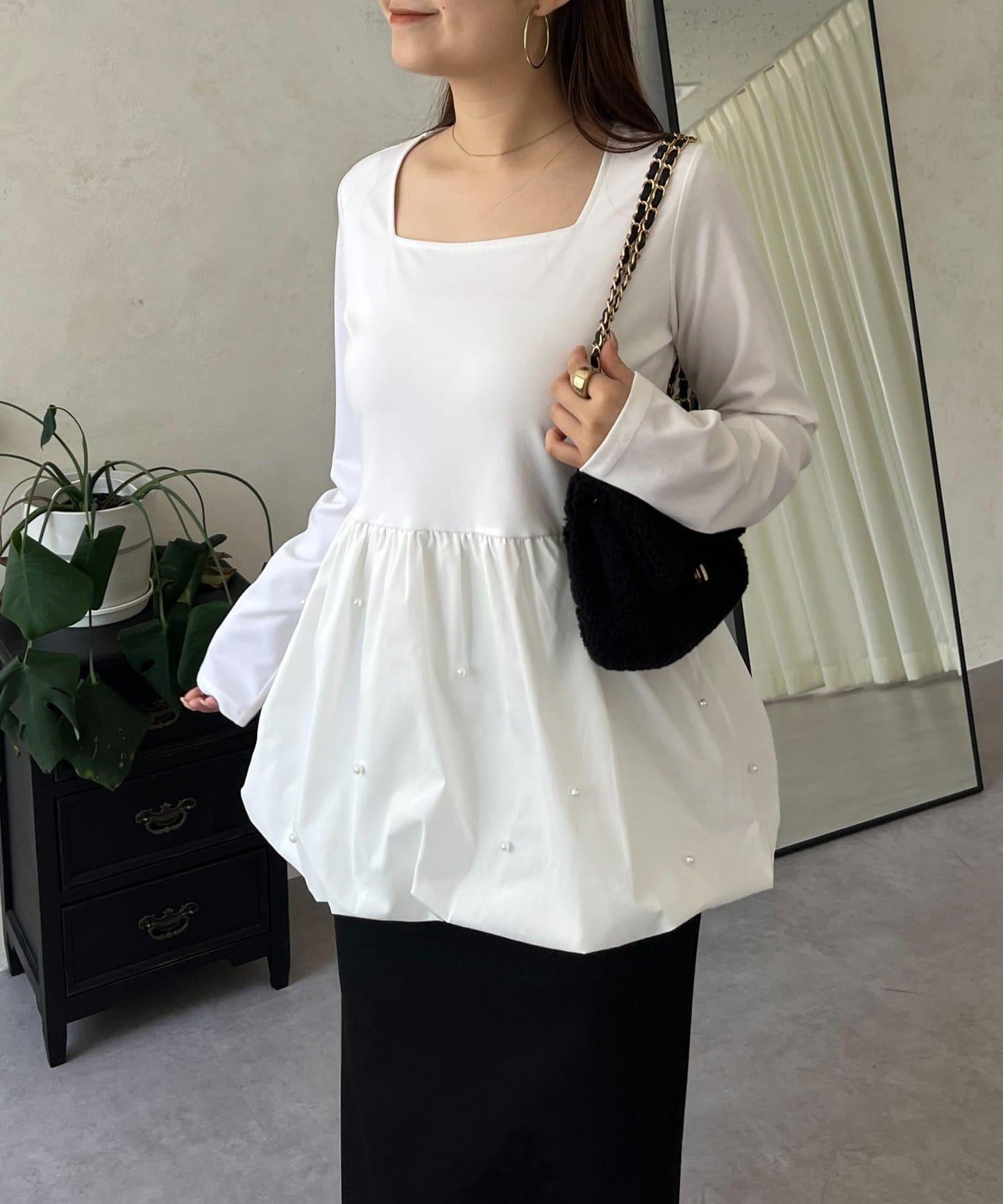 方領珍珠荷葉邊疊穿長袖T恤