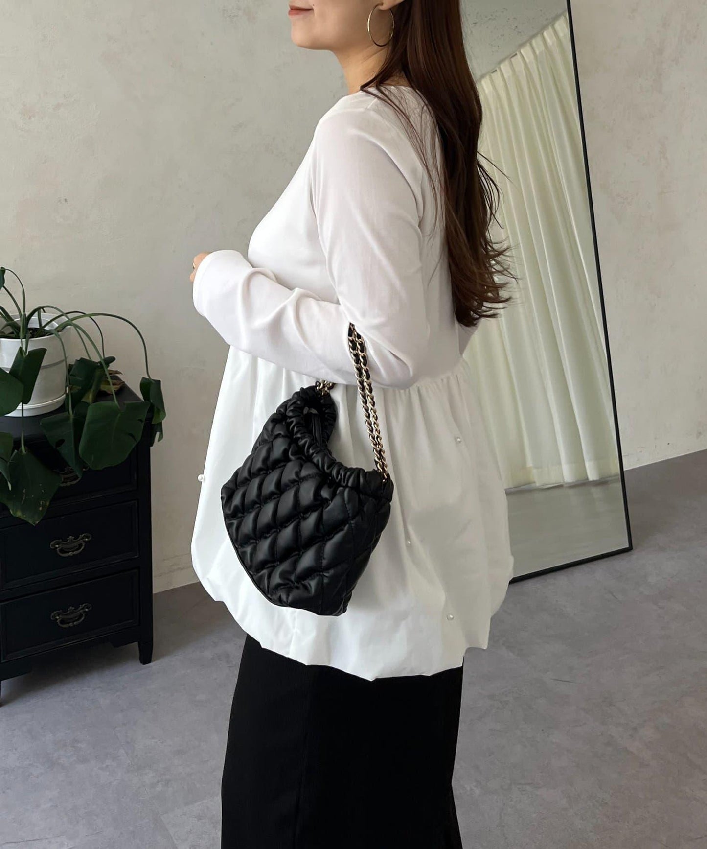 方領珍珠荷葉邊疊穿長袖T恤