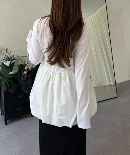 方領珍珠荷葉邊疊穿長袖T恤