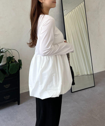 方領珍珠荷葉邊疊穿長袖T恤