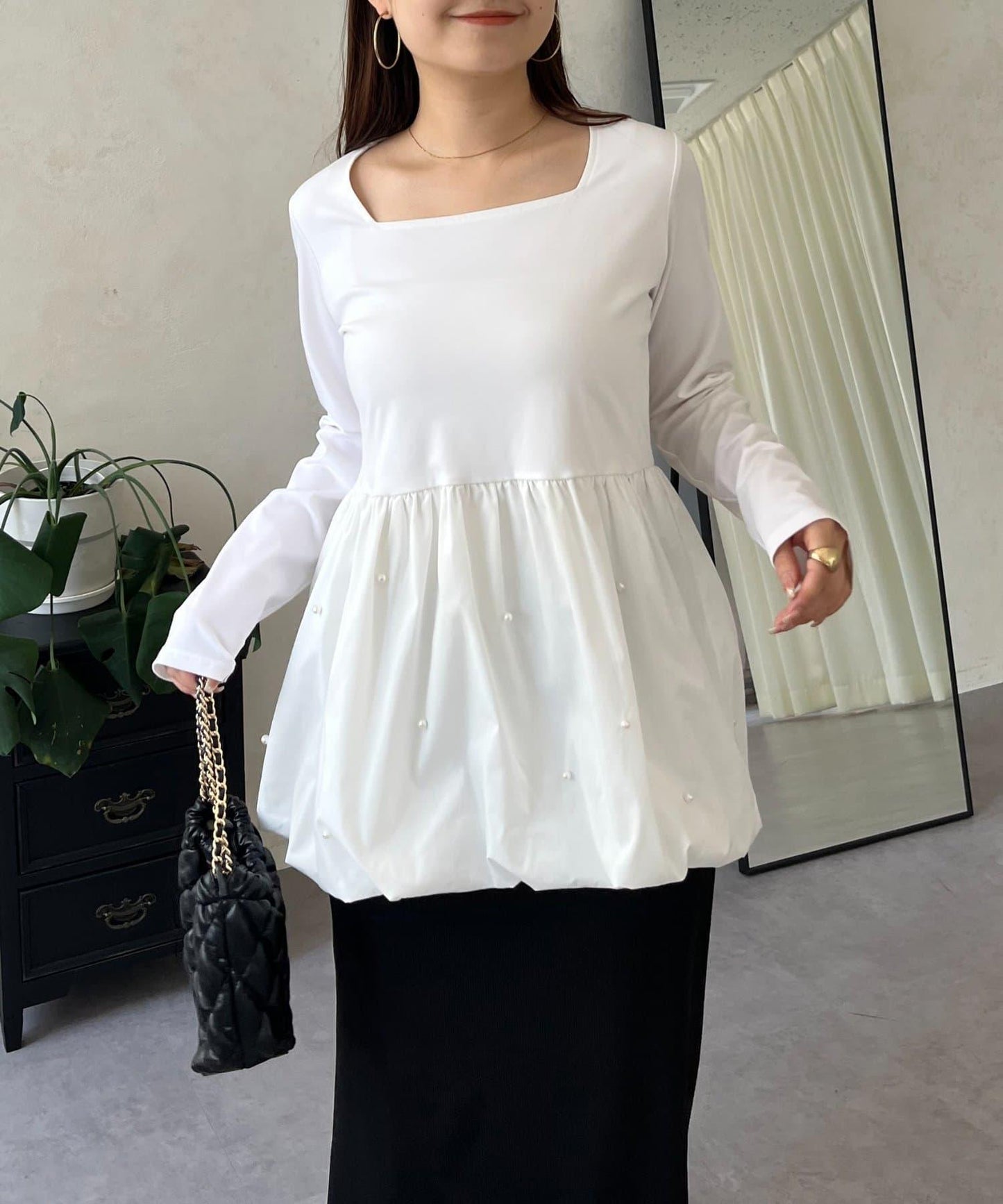方領珍珠荷葉邊疊穿長袖T恤