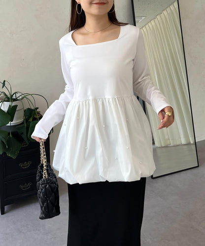 方領珍珠荷葉邊疊穿長袖T恤