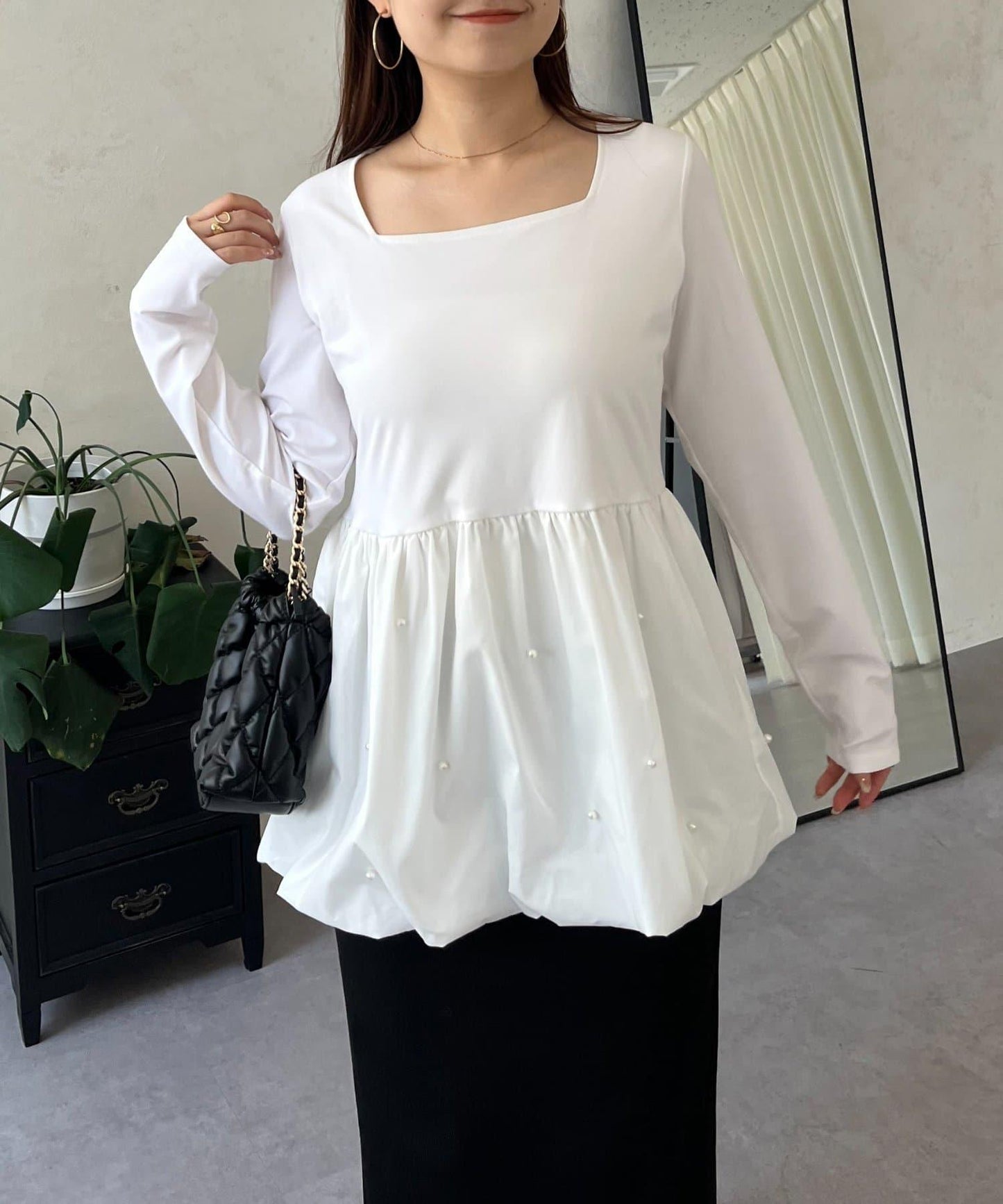 方領珍珠荷葉邊疊穿長袖T恤