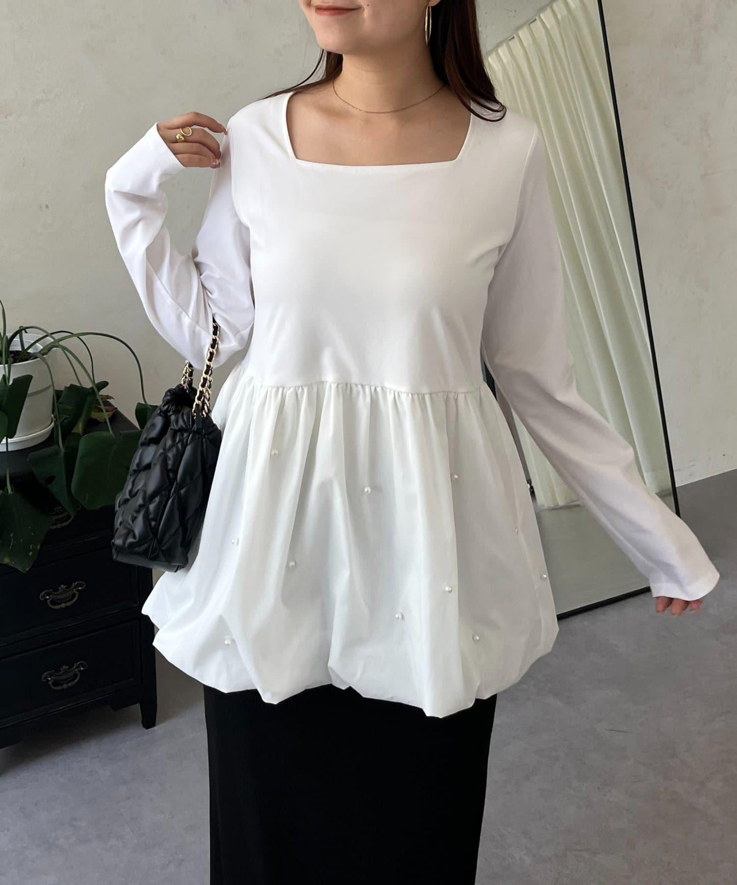 方領珍珠荷葉邊疊穿長袖T恤