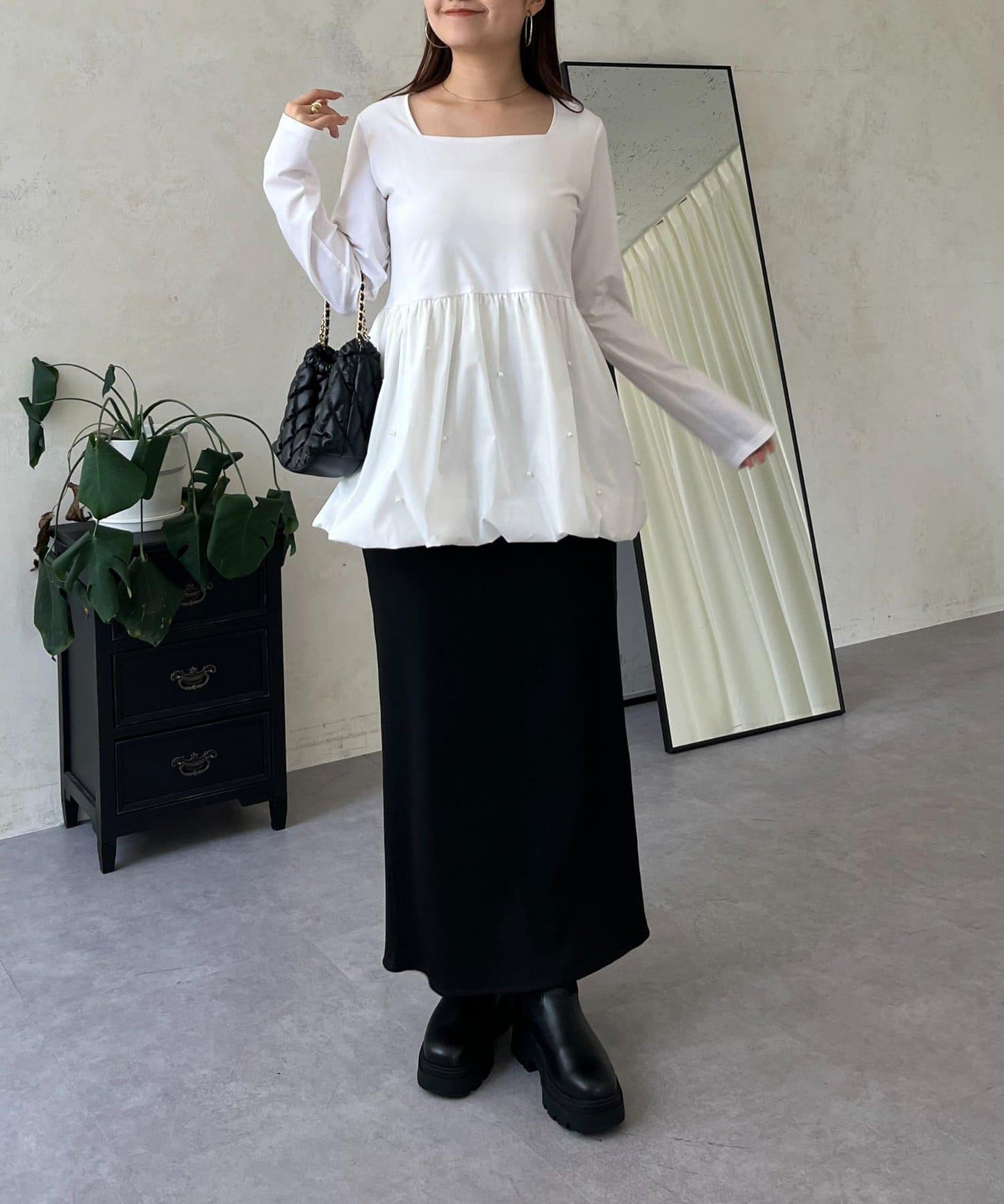 方領珍珠荷葉邊疊穿長袖T恤