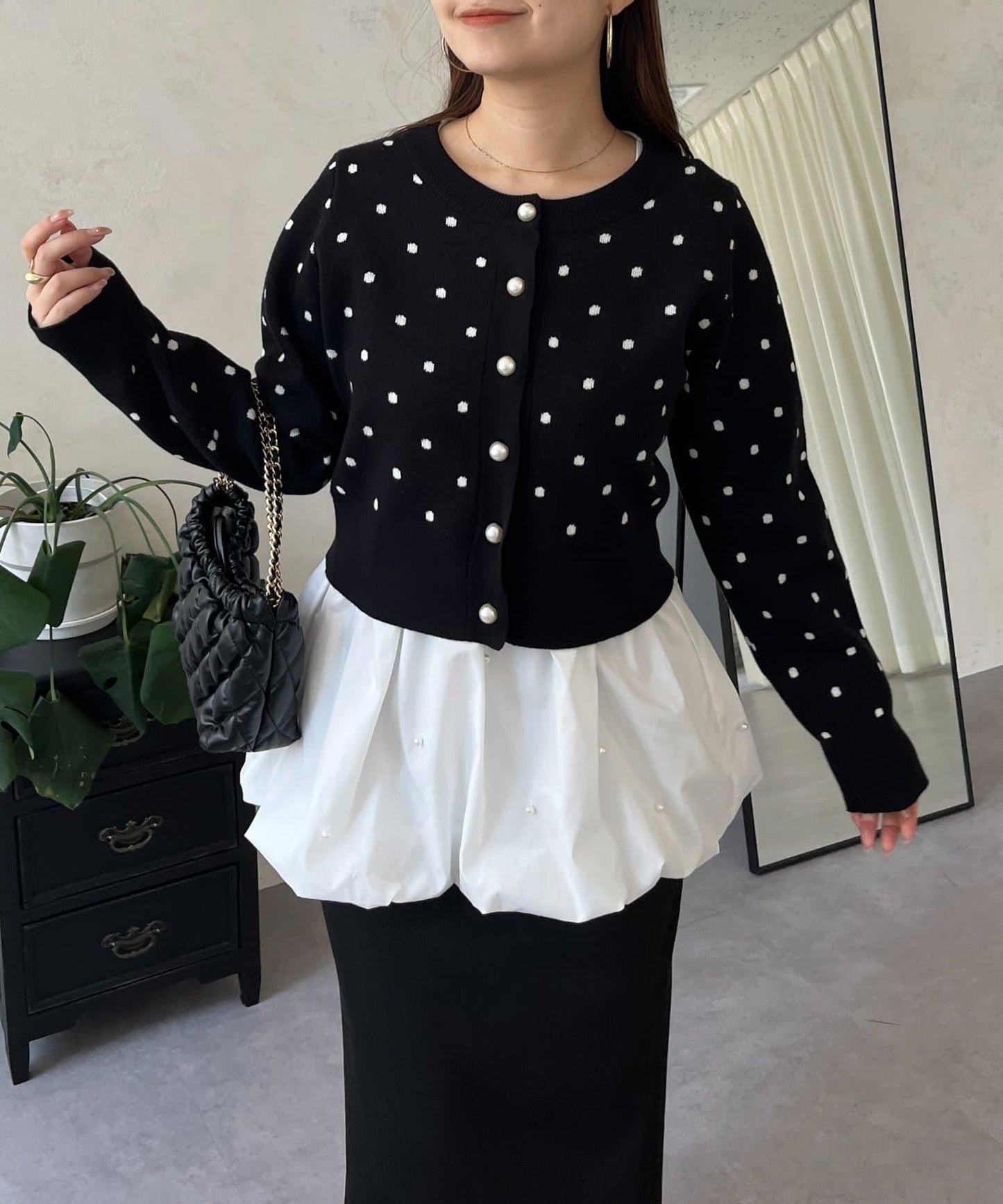 方領珍珠荷葉邊疊穿長袖T恤