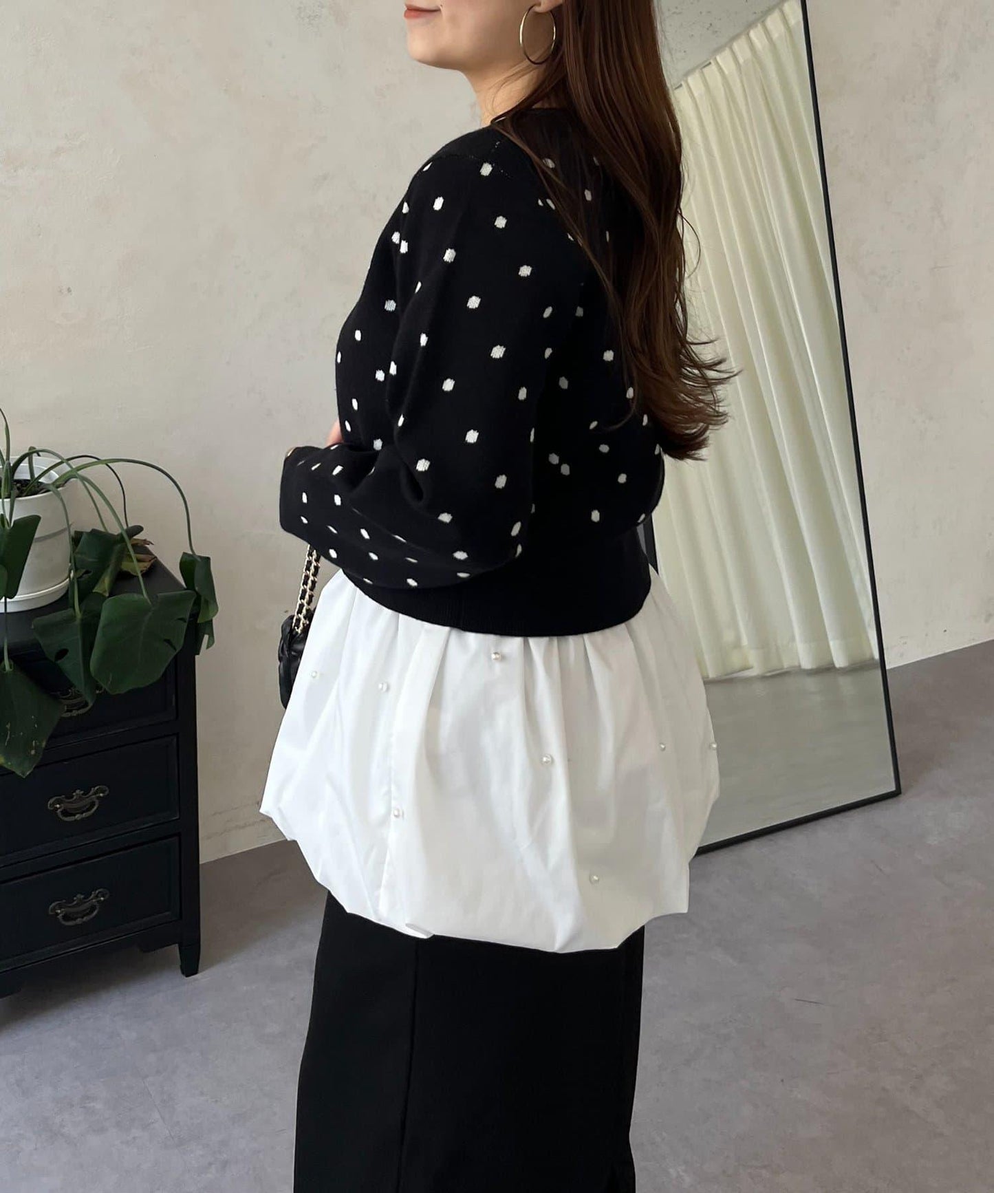 方領珍珠荷葉邊疊穿長袖T恤