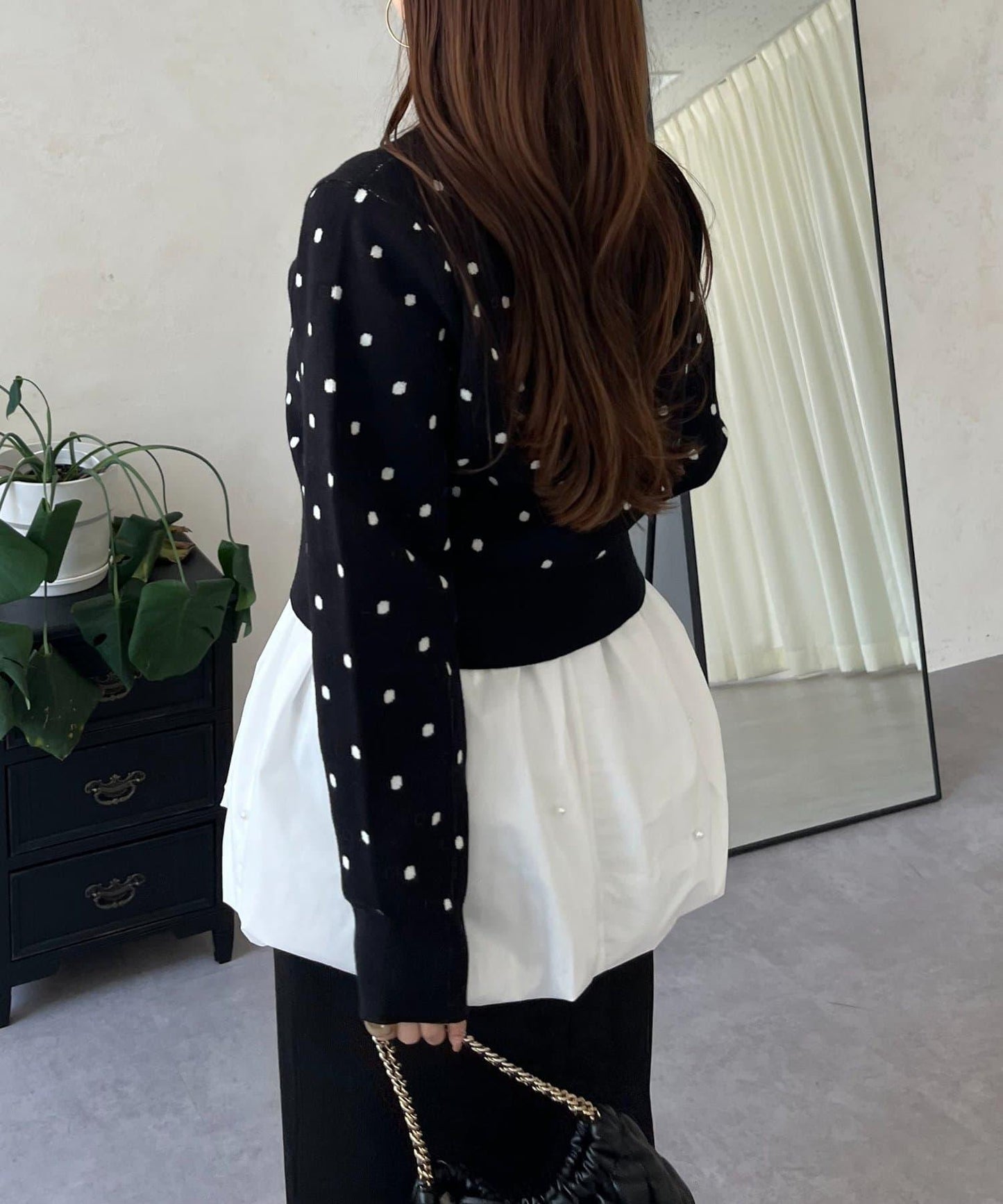 方領珍珠荷葉邊疊穿長袖T恤