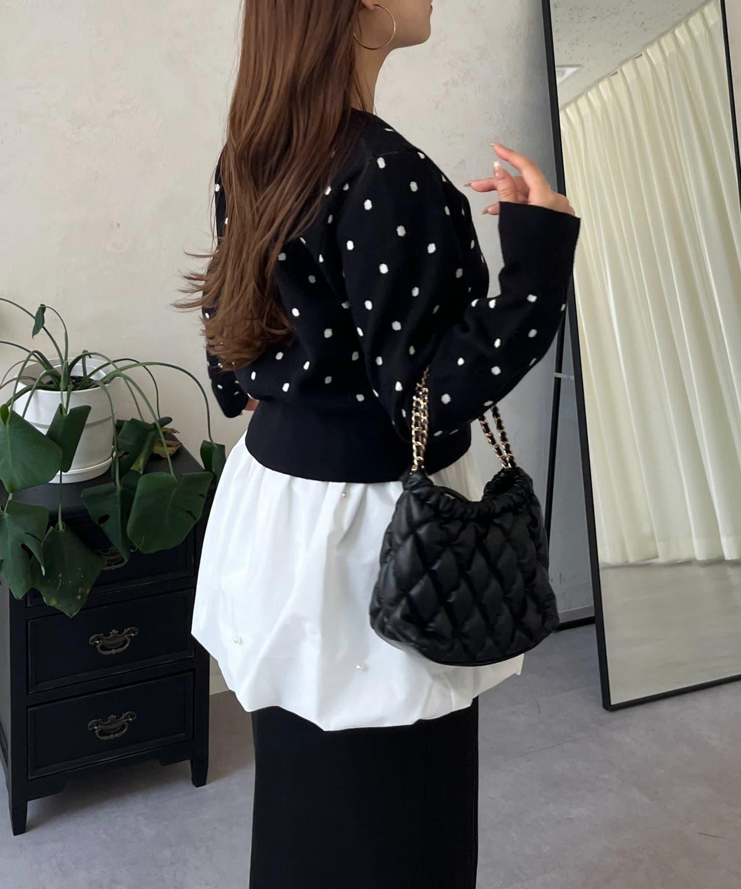 方領珍珠荷葉邊疊穿長袖T恤