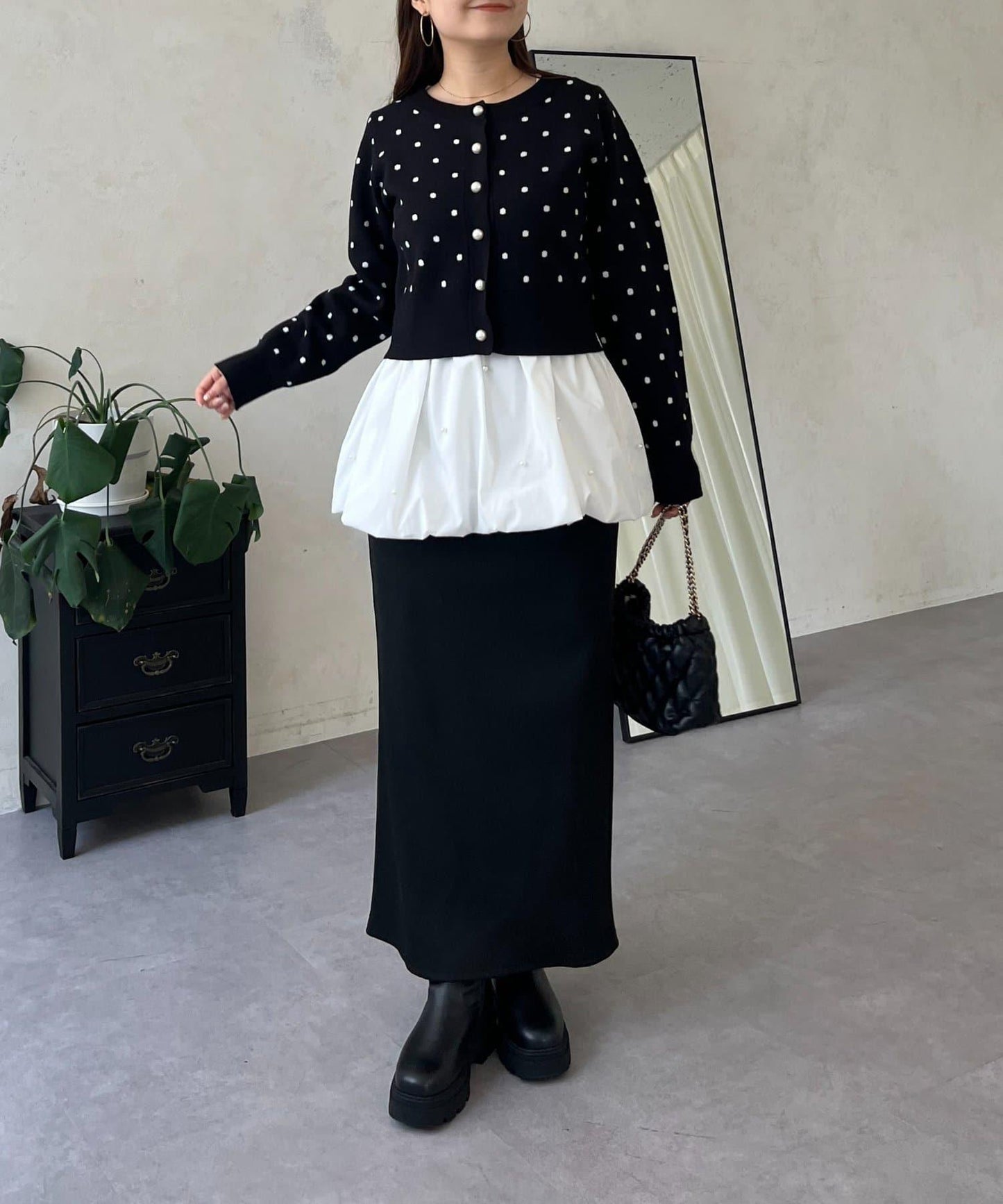 方領珍珠荷葉邊疊穿長袖T恤