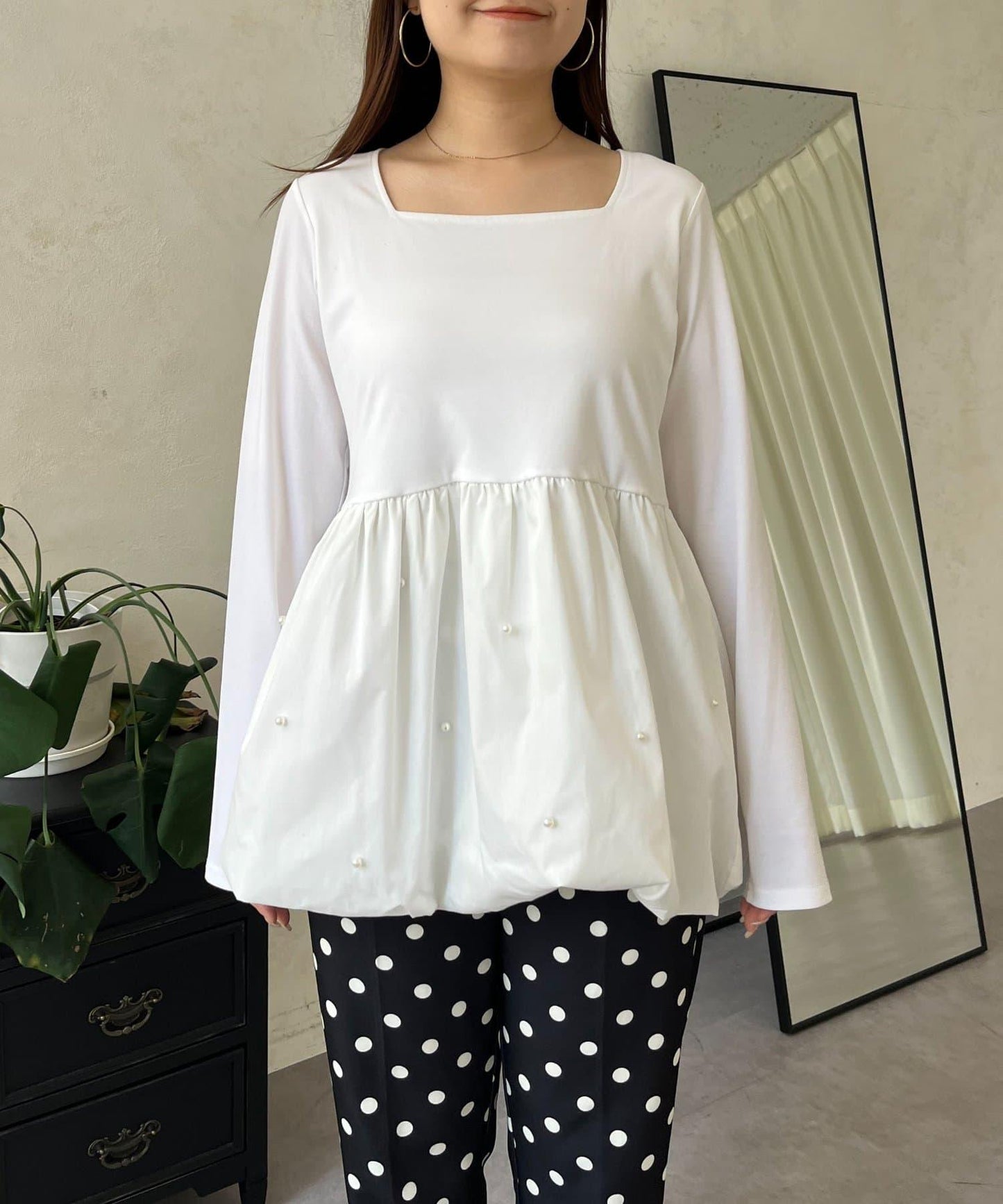 方領珍珠荷葉邊疊穿長袖T恤