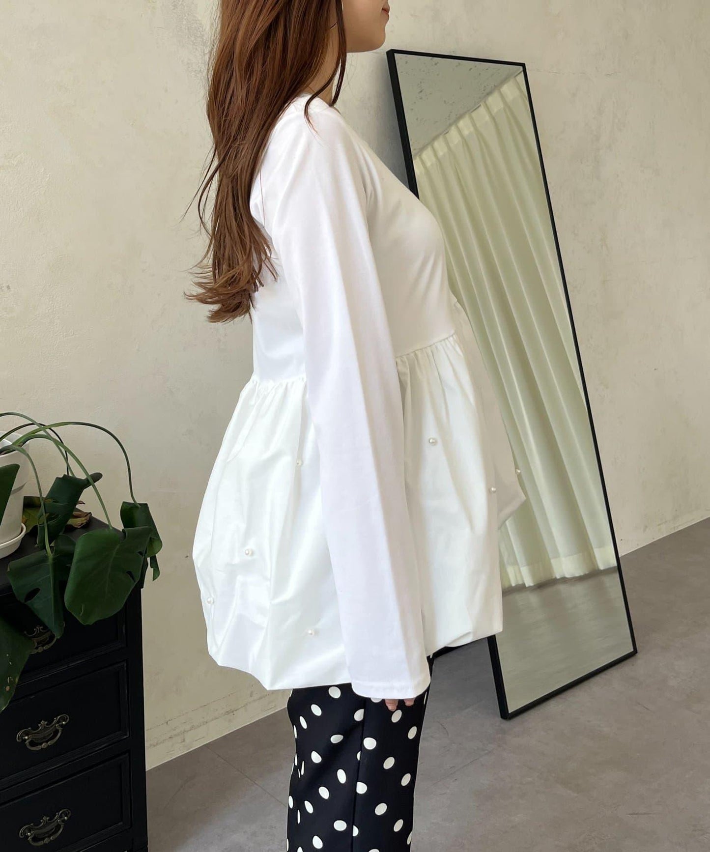 方領珍珠荷葉邊疊穿長袖T恤