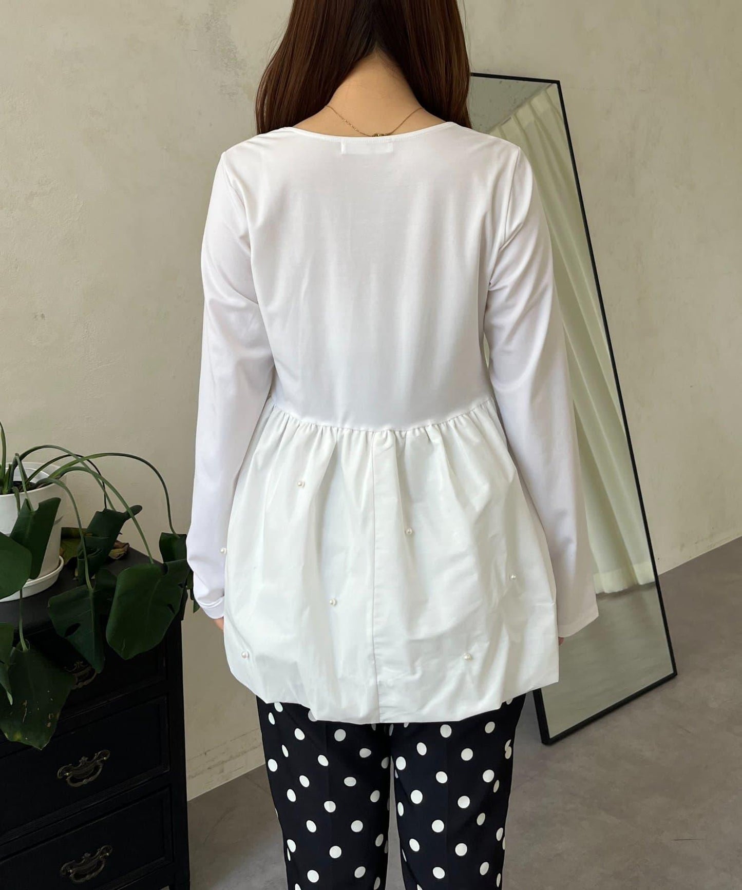 方領珍珠荷葉邊疊穿長袖T恤