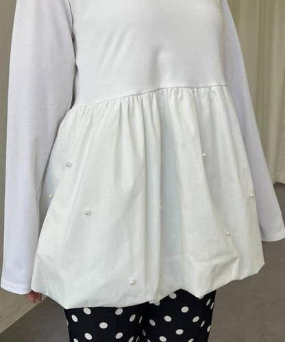 方領珍珠荷葉邊疊穿長袖T恤