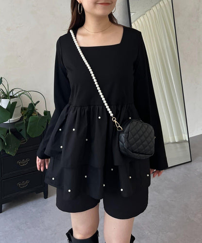 方領珍珠荷葉邊疊穿長袖T恤