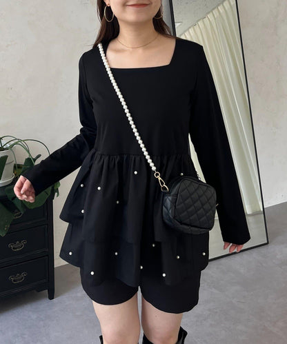 方領珍珠荷葉邊疊穿長袖T恤