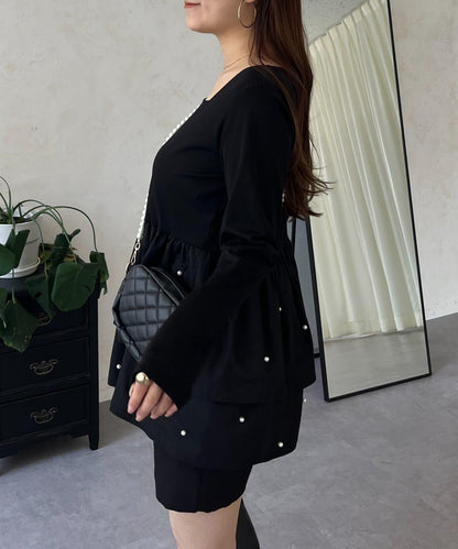 方領珍珠荷葉邊疊穿長袖T恤