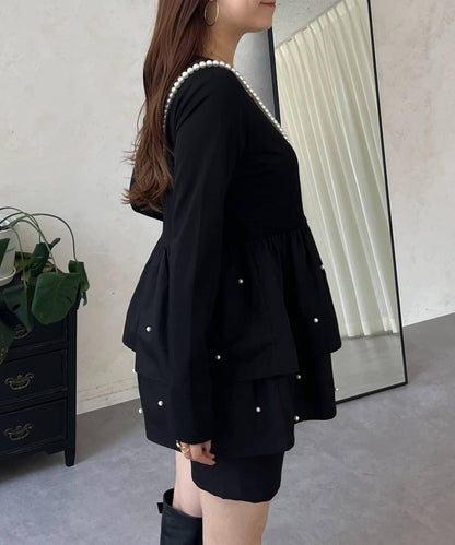 方領珍珠荷葉邊疊穿長袖T恤