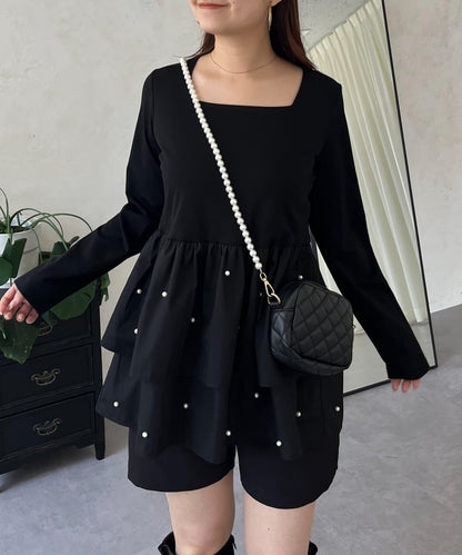 方領珍珠荷葉邊疊穿長袖T恤