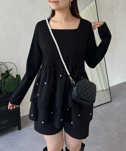 方領珍珠荷葉邊疊穿長袖T恤