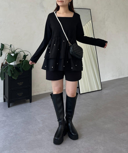 方領珍珠荷葉邊疊穿長袖T恤