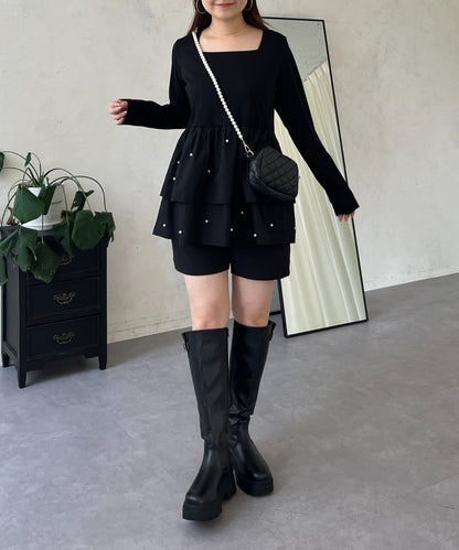 方領珍珠荷葉邊疊穿長袖T恤