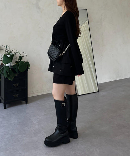 方領珍珠荷葉邊疊穿長袖T恤