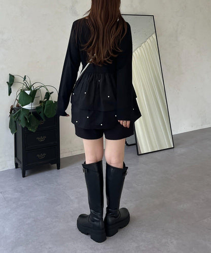 方領珍珠荷葉邊疊穿長袖T恤