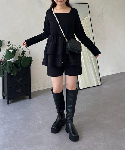 方領珍珠荷葉邊疊穿長袖T恤