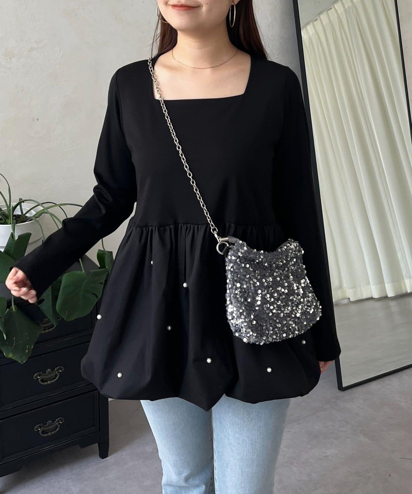 方領珍珠荷葉邊疊穿長袖T恤