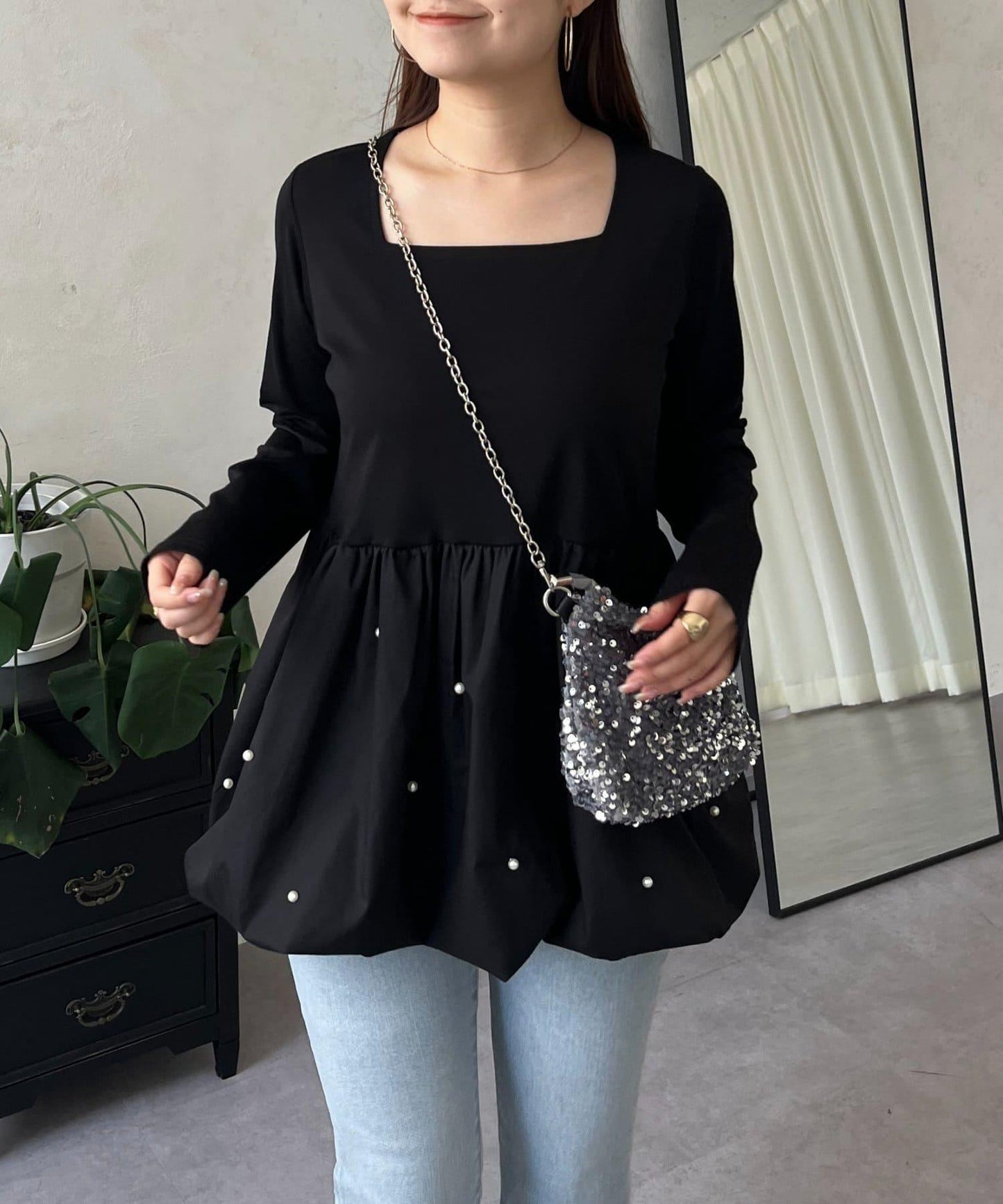 方領珍珠荷葉邊疊穿長袖T恤