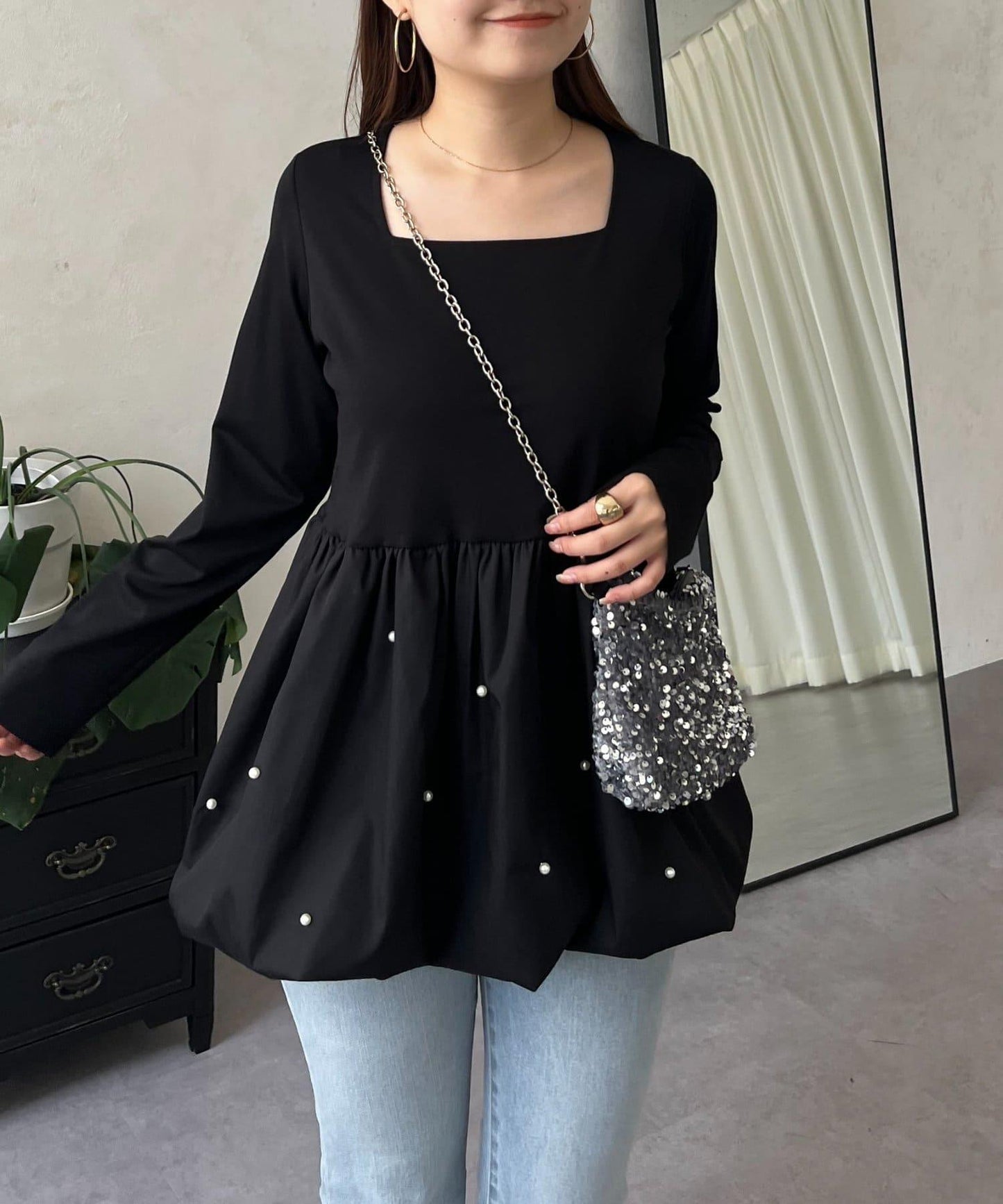 方領珍珠荷葉邊疊穿長袖T恤