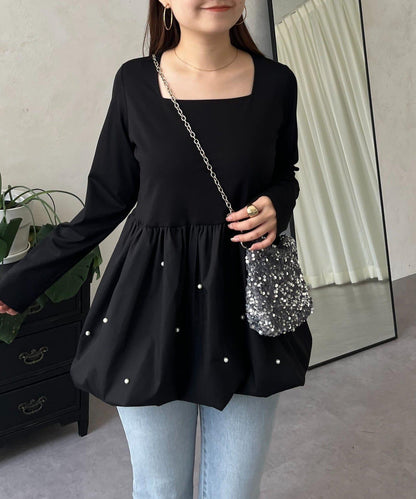 方領珍珠荷葉邊疊穿長袖T恤