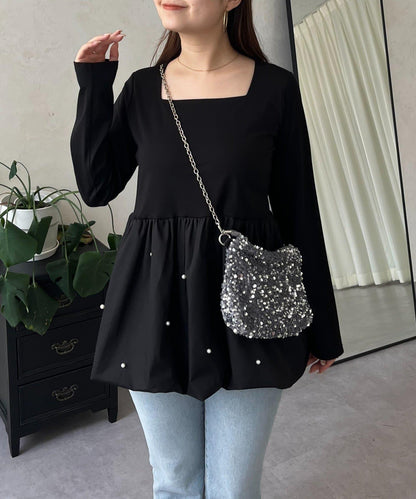 方領珍珠荷葉邊疊穿長袖T恤