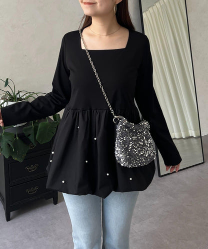 方領珍珠荷葉邊疊穿長袖T恤