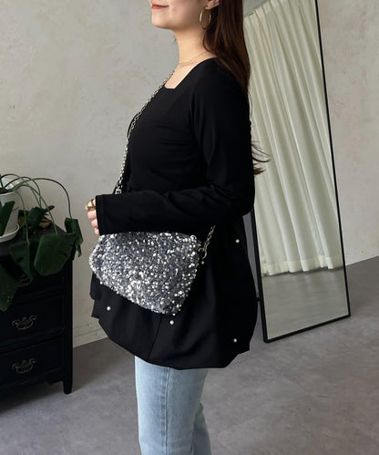 方領珍珠荷葉邊疊穿長袖T恤