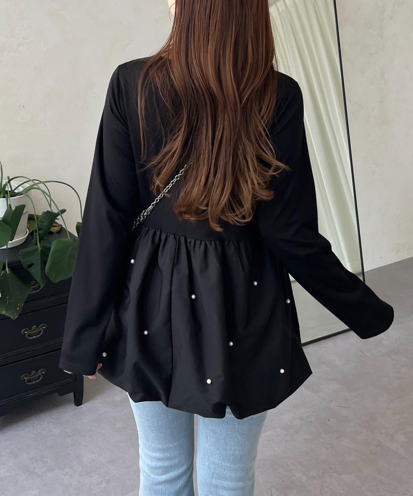 方領珍珠荷葉邊疊穿長袖T恤