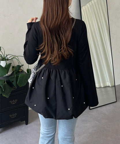 方領珍珠荷葉邊疊穿長袖T恤