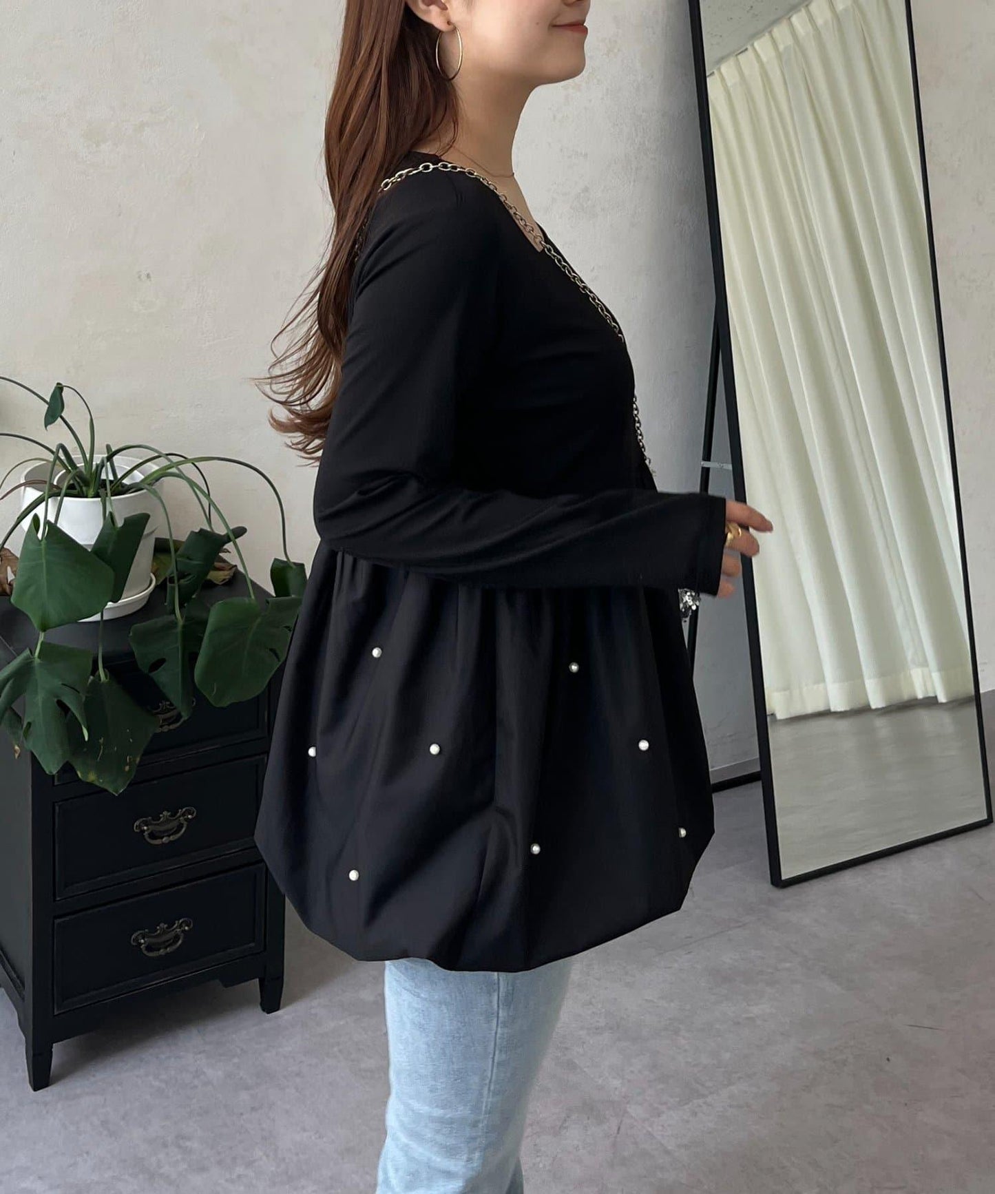 方領珍珠荷葉邊疊穿長袖T恤