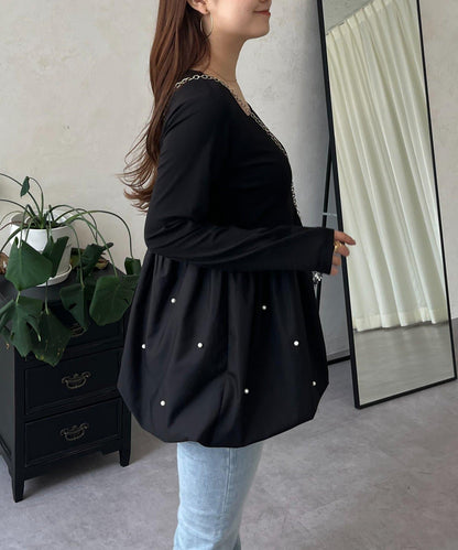 方領珍珠荷葉邊疊穿長袖T恤