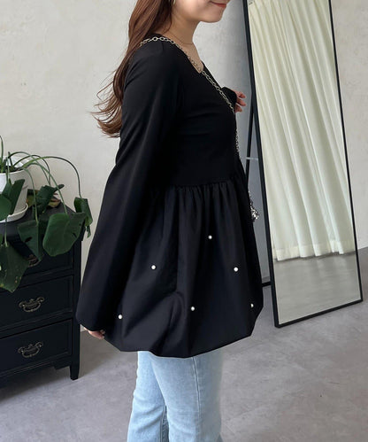 方領珍珠荷葉邊疊穿長袖T恤