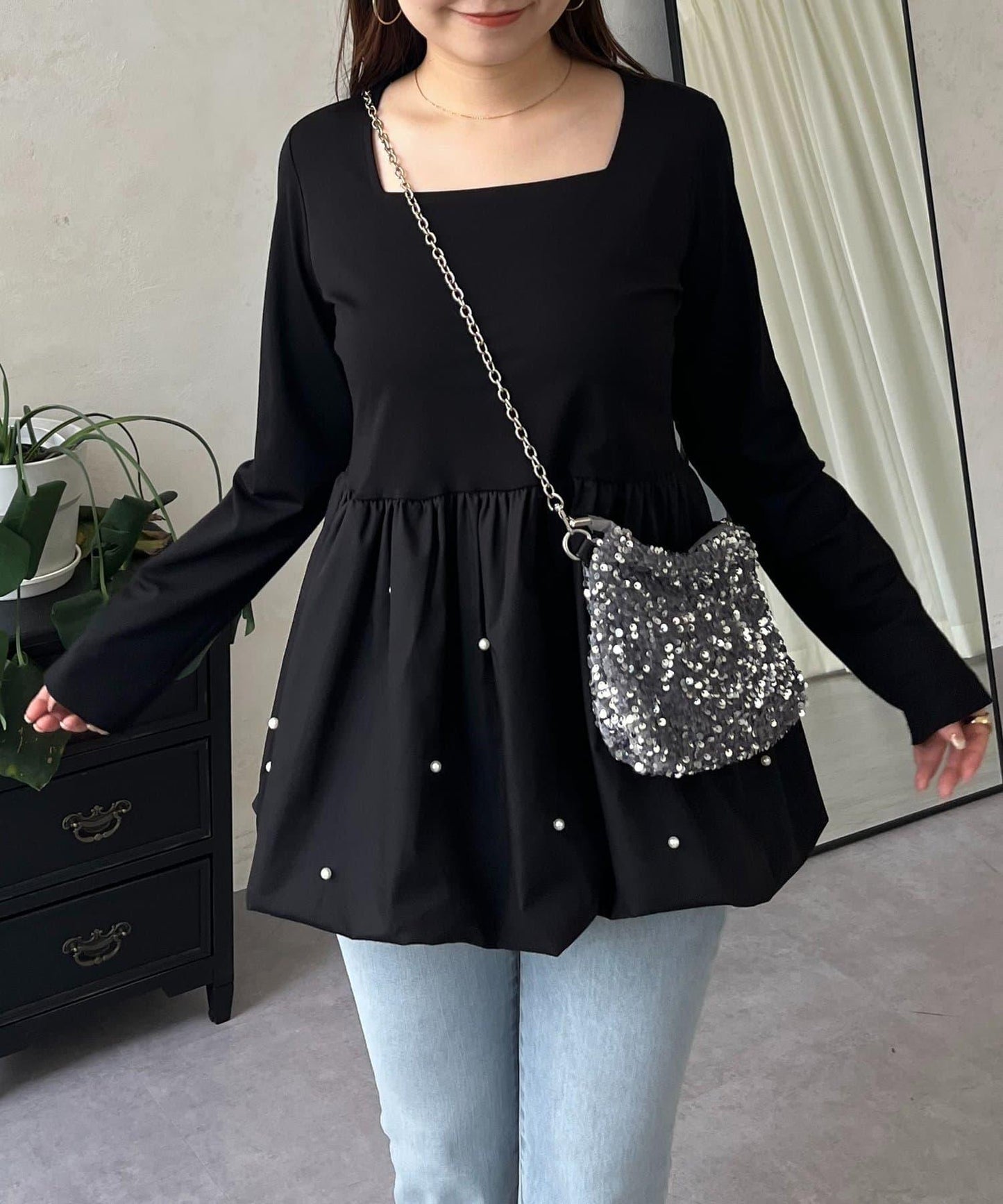 方領珍珠荷葉邊疊穿長袖T恤