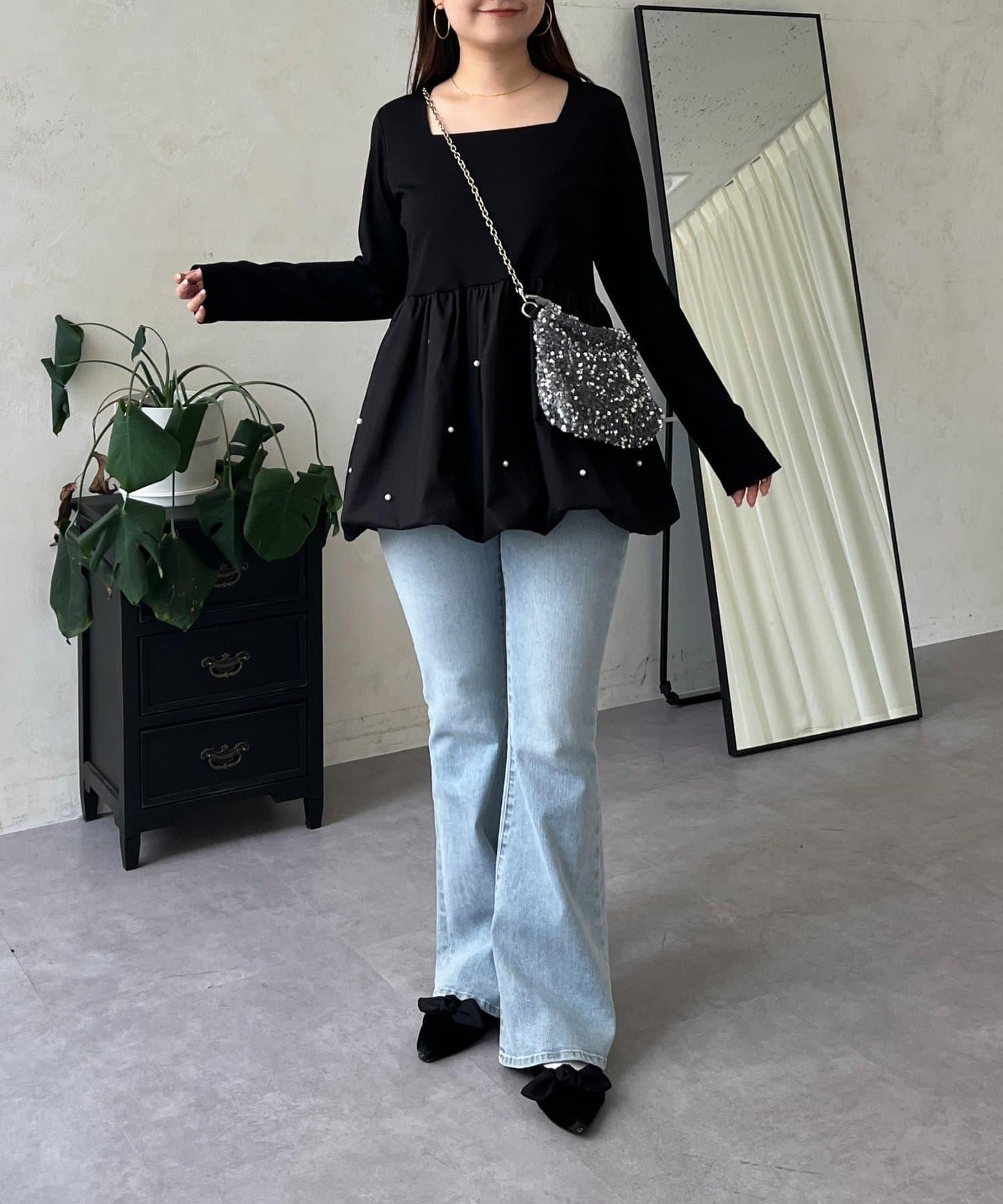 方領珍珠荷葉邊疊穿長袖T恤