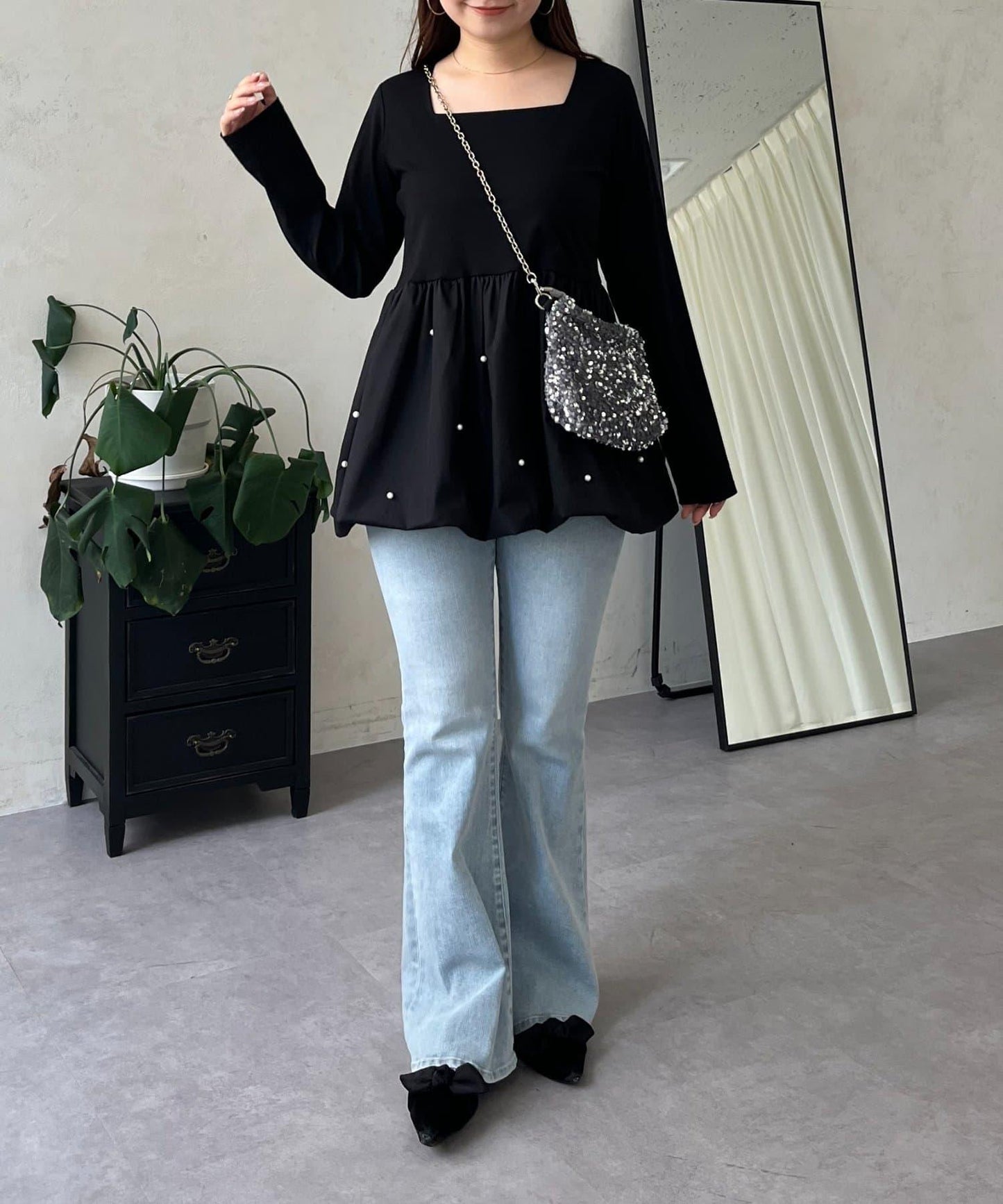 方領珍珠荷葉邊疊穿長袖T恤