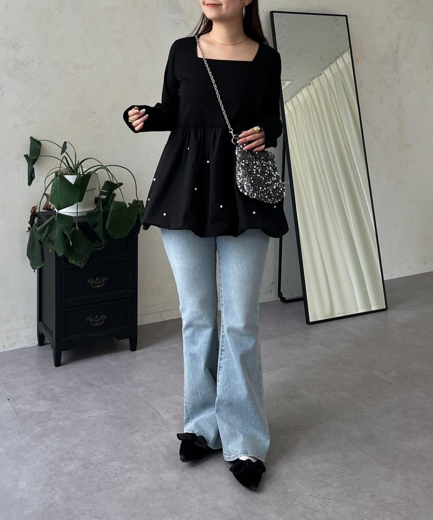 方領珍珠荷葉邊疊穿長袖T恤